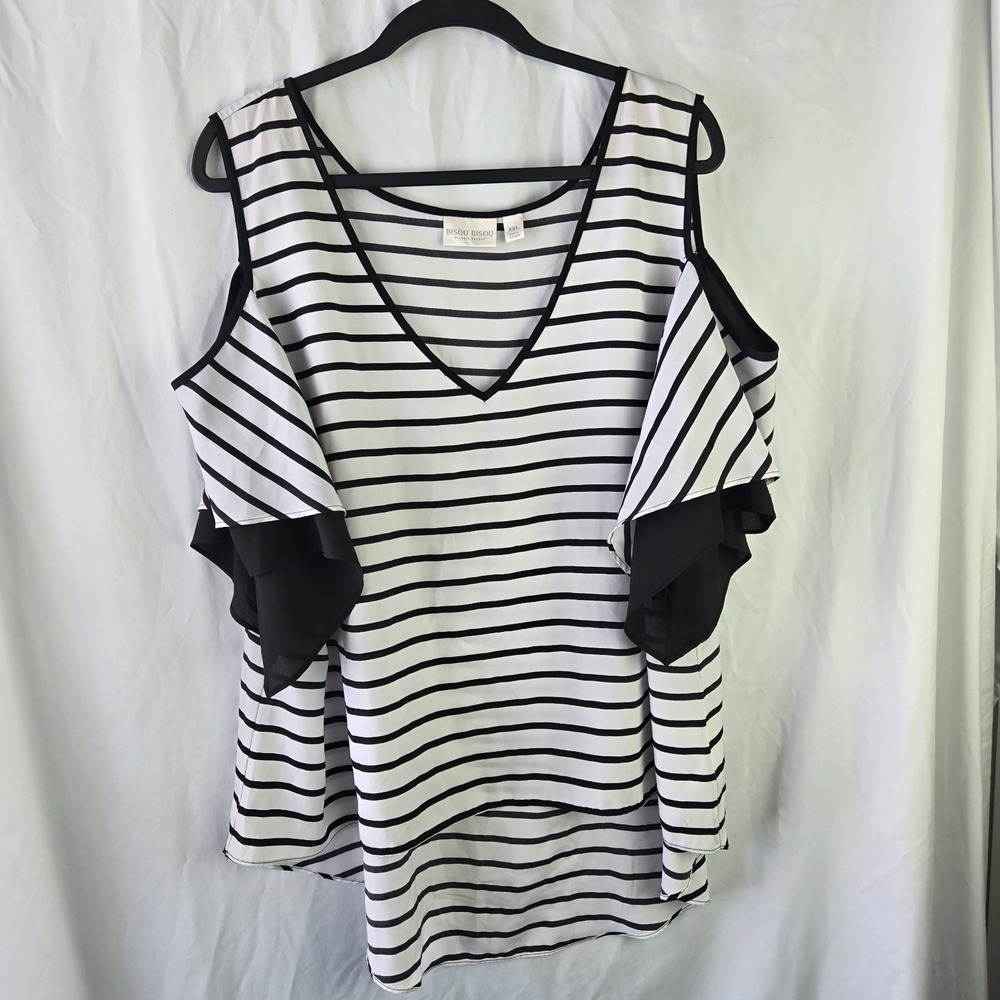 Bisou Bisou Cold Shoulder Stripe Criss Cross Hi Low Blouse XXL Lightweight Retro